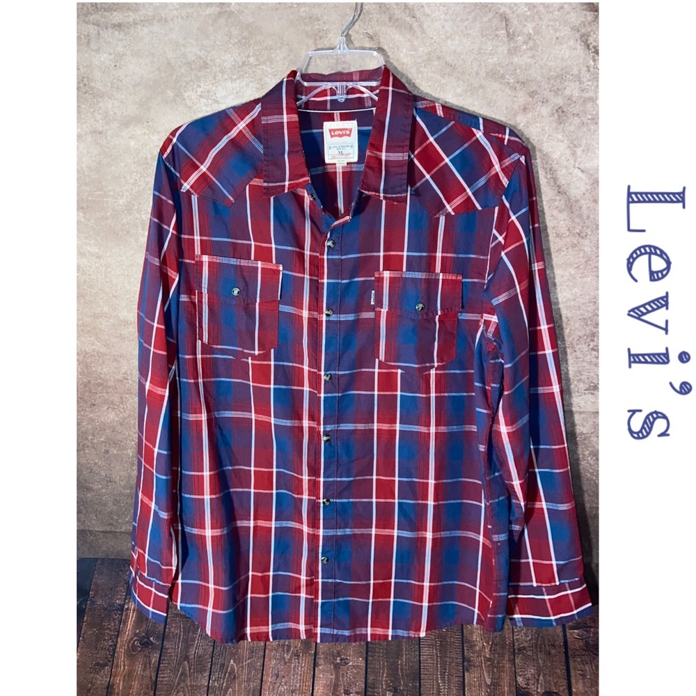 Levi’s Modern Western Plaid Snap Front Long-Sleeve Shirt, Red/Blue, Size XL-EUC